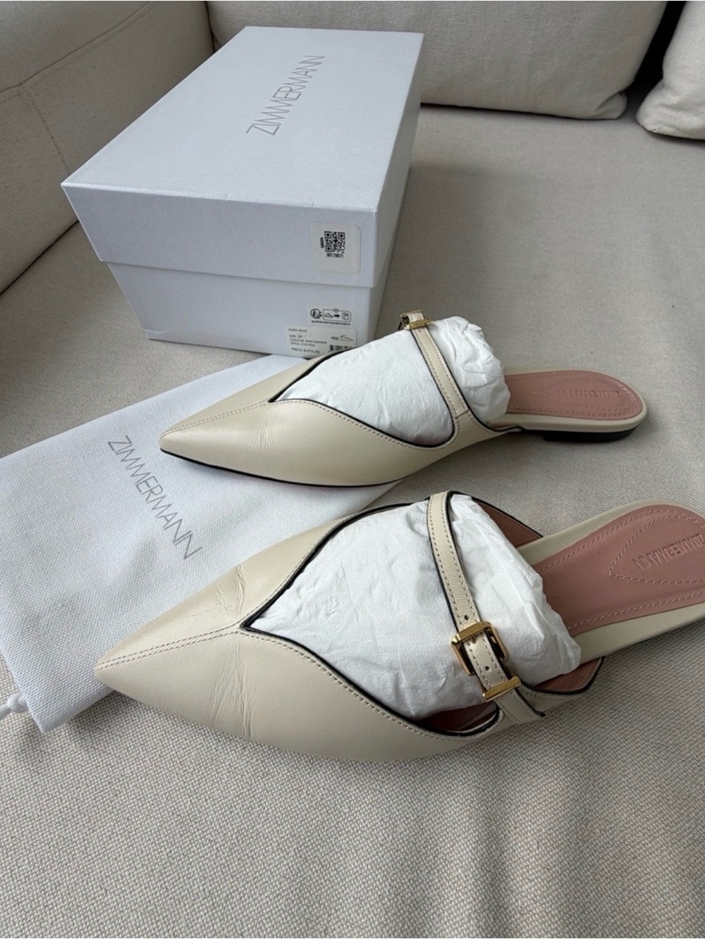 Zimmerman Aura Leather Flat Mules Macadamia  Cream Pointed Toe EU 26 US6